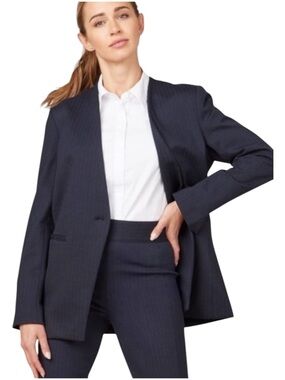 🆕 SPANX Perfect Collarless Blazer Size L Stretch Navy/Grey Pinstriped Career